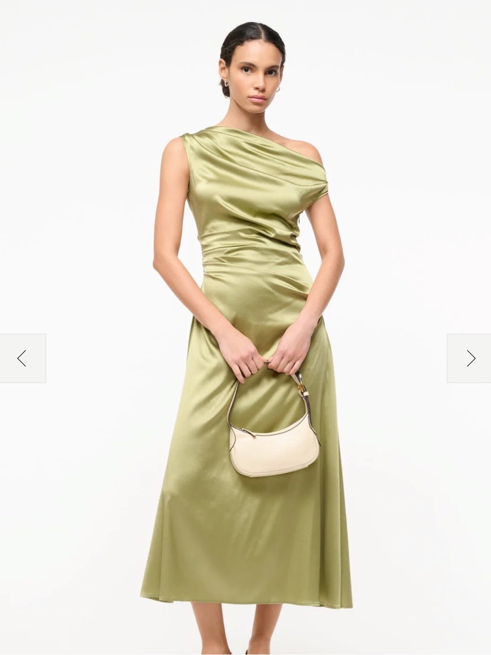 STAUD Phare Silk Olive One-Shoulder Midi Dress Size 0
